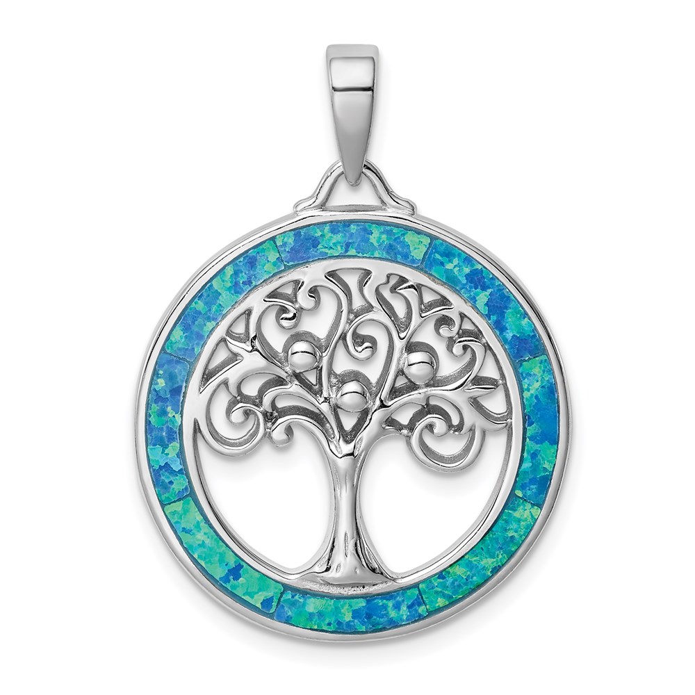 QP5130.jpg Sterling Silver Rhodium-plated Created Opal Circle w/Tree Pendant - Image 1