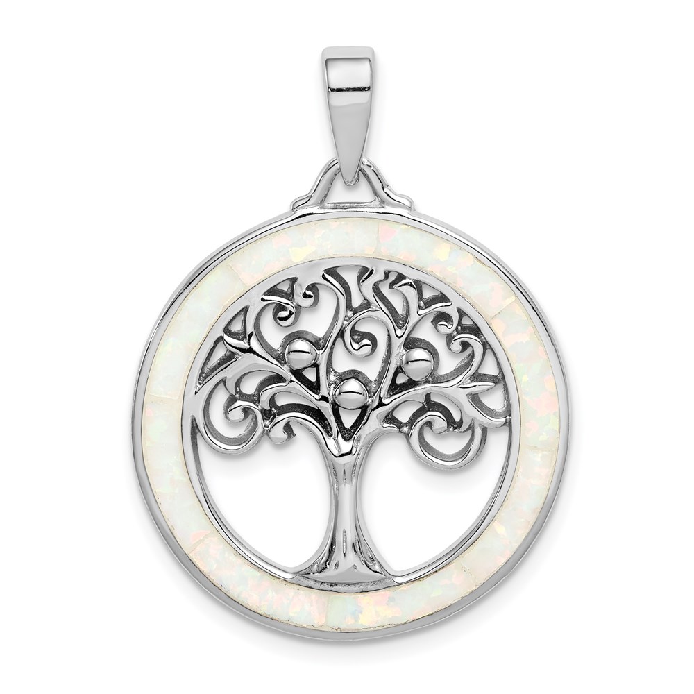 QP5131.jpg Sterling Silver Rhodium-plated Created Opal Circle w/Tree Pendant - Image 1