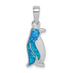 Sterling Silver Rhodium-plated Polished Created Opal Inlay Penguin Pendant