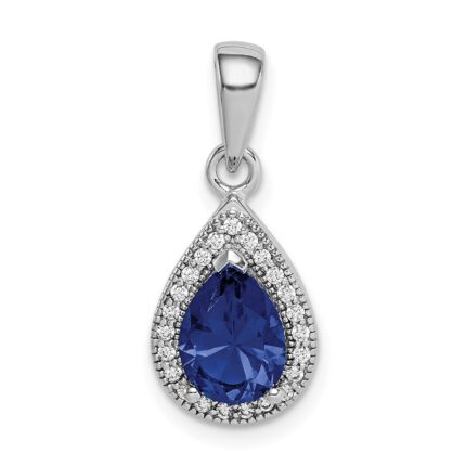 Sterling Silver Rhodium Plated Blue and Clear CZ Pendant