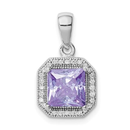 Sterling Silver Rhodium Plated Clear CZ and Square Light Purple CZ Pendant