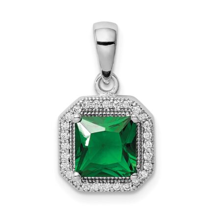 Sterling Silver Rhodium Plated Clear CZ and Square Green CZ Pendant