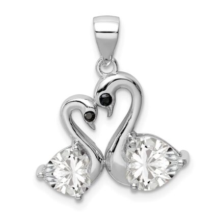 Sterling Silver Rhodium-plated Polished CZ Swan Couple Pendant