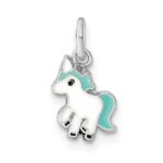 Sterling Silver Rhodium-plated Blue, White & Black Enameled Unicorn Children's Pendant