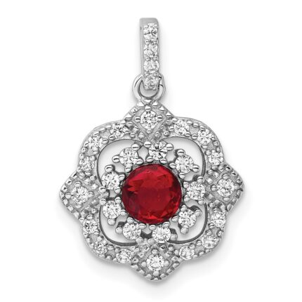 Sterling Silver RH-plated Red Glass & Clear CZ Fancy Vintage Pendant