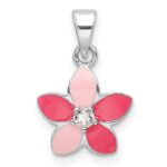 Sterling Silver Rhod-plated Pink Enamel & CZ Flower Children's Pendant