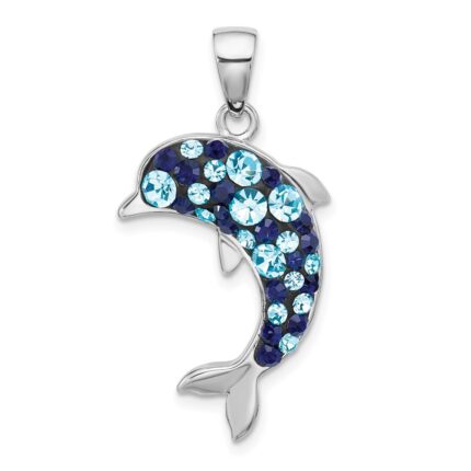 Sterling Silver Rhodium-plated Polished Crystal Dolphin Pendant