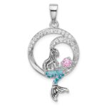 Sterling Silver Rhodium-plated Polished and Antiqued White Pink and Blue CZ Round Mermaid Pendant