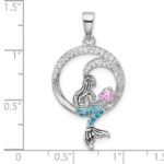 Sterling Silver Rhodium-plated Polished and Antiqued White Pink and Blue CZ Round Mermaid Pendant - Image 4