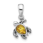 Sterling Silver Rhodium-plated Polished and Antiqued Crystal November Birthstone Turtle Pendant