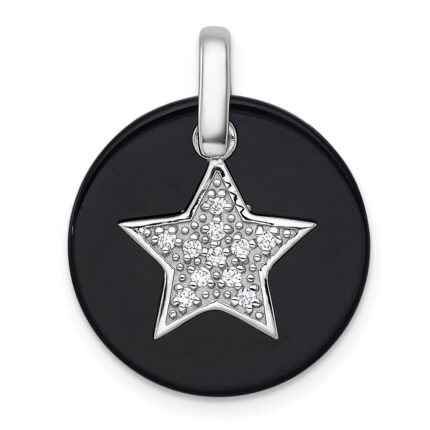 Sterling Silver Rhodium-plated Polished Onyx Circle with CZ Star Dangle Pendant