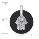 Sterling Silver Rhodium-plated Polished Onyx Circle with Light Swiss Blue Topaz and CZ Hamsa Dangle Pendant - Image 5