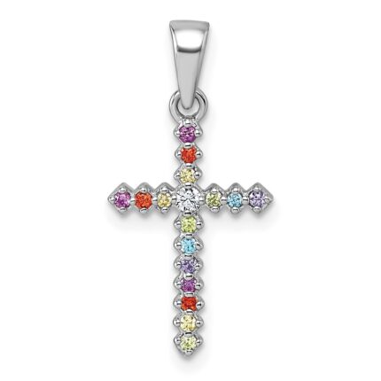 Sterling Silver Rhodium-plated Polished Multi-color CZ Cross Pendant