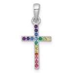 Sterling Silver Rhodium-plated Polished Rainbow Nano Crystals Childrens Cross Pendant