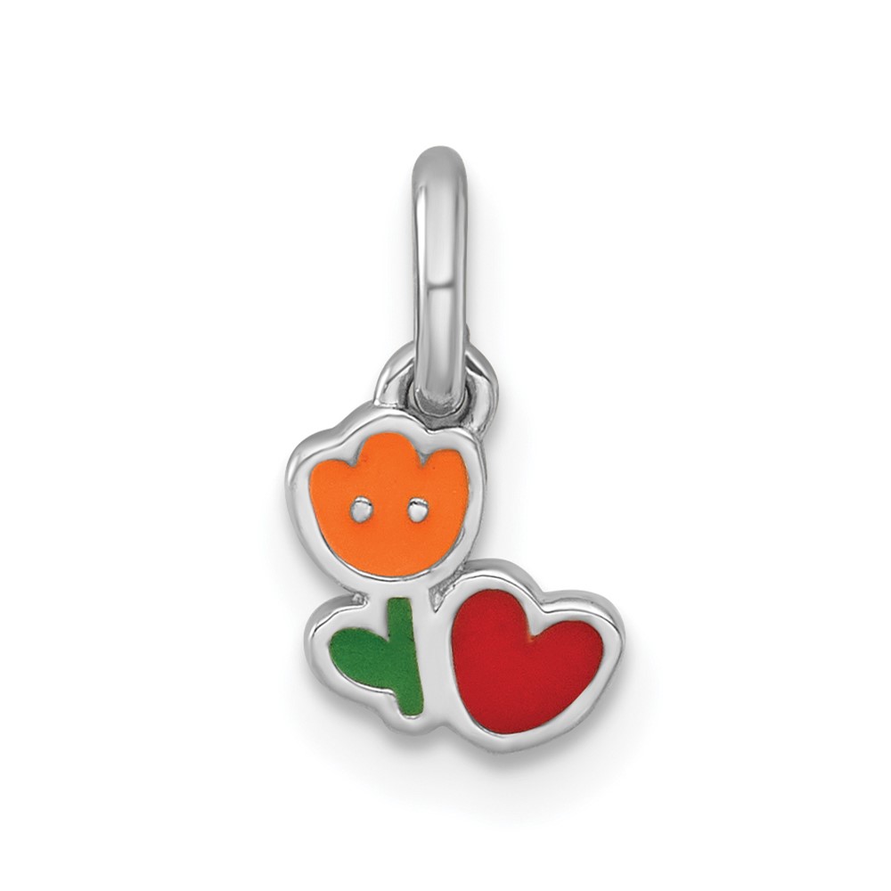 QP5963.jpg Sterling Silver Rhodium-plated Polished Orange/Red/Green Enamel Flower With Heart Childrens Pendant - Image 1