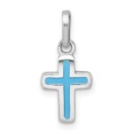 Sterling Silver Rhodium-plated Polished Blue Enamel Childrens Cross Charm Pendant