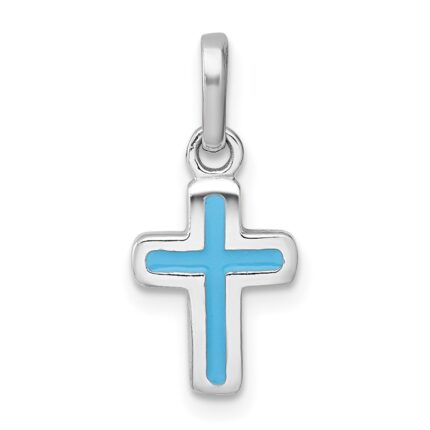 Sterling Silver Rhodium-plated Polished Blue Enamel Childrens Cross Charm Pendant