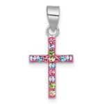 Sterling Silver Rhodium-plated Polished Pink/Blue/Green/Purple Crystal Childrens Cross Pendant