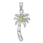 Sterling Silver Rhodium-plated Polished and Grooved Peridot and White Topaz Palm Tree Pendant