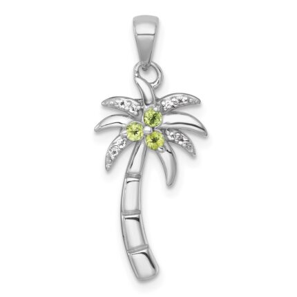 Sterling Silver Rhodium-plated Polished and Grooved Peridot and White Topaz Palm Tree Pendant