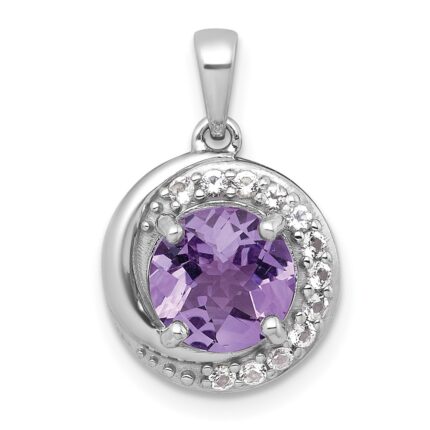Sterling Silver Rhodium-plated Polished Checker-cut Round Amethyst and White Topaz Circle Pendant