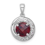Sterling Silver Rhodium-plated Polished Checker-cut Round Garnet and White Topaz Circle Pendant