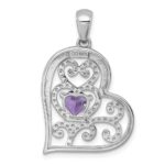 Sterling Silver Rhodium-plated Polished and Beaded Amethyst Filigree Heart Pendant - Image 3
