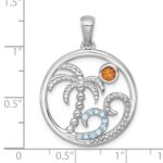 Sterling Silver Rhodium-plated Polished and Beaded Citrine and Light Swiss Blue Topaz Beach Scene Circle Pendant - Image 4