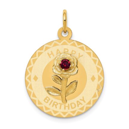 14k HAPPY BIRTHDAY with Red CZ Flower 19mm Engravable Disc Charm