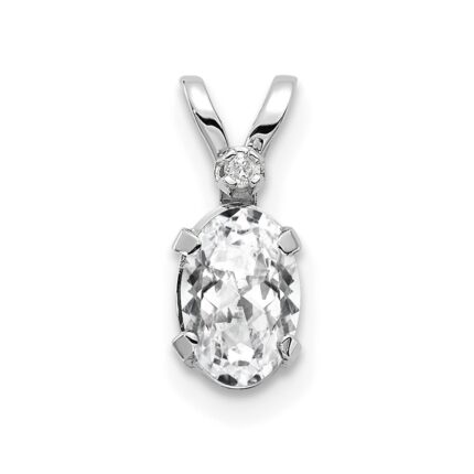 14K White Gold Diamond and 6x4 Oval April/White Topaz Birthstone Pendant