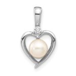 14k White Gold 5.5mm June/Freshwater Cultured Pearl and Diamond Heart Pendant