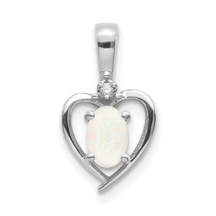 14k White Gold 6x4 Oval October/Opal and Diamond Heart Pendant