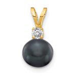 14k 6-7mm Black Round Freshwater Cultured Pearl and AA Diamond Pendant