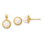 14k 5-6mm White Button Freshwater Cultured Pearl Post Earrings and Pendant Set