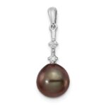 14k White Gold 8-9mm Black Teardrop Tahitian Saltwater Cultured Pearl and .04 Carat Diamond Pendant