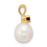 14k 7-7.5mm White Round Freshwater Cultured Pearl and .09GA Garnet Pendant - Image 2