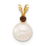 14k 7-7.5mm White Round Freshwater Cultured Pearl and .09SQ Smoky Quartz Pendant