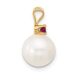 14k 8-8.5mm White Round Freshwater Cultured Pearl and .09RU Ruby Pendant - Image 2