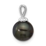 14k White Gold 8-9mm Round Black Tahitian Saltwater Cultured Pearl Pendant - Image 2