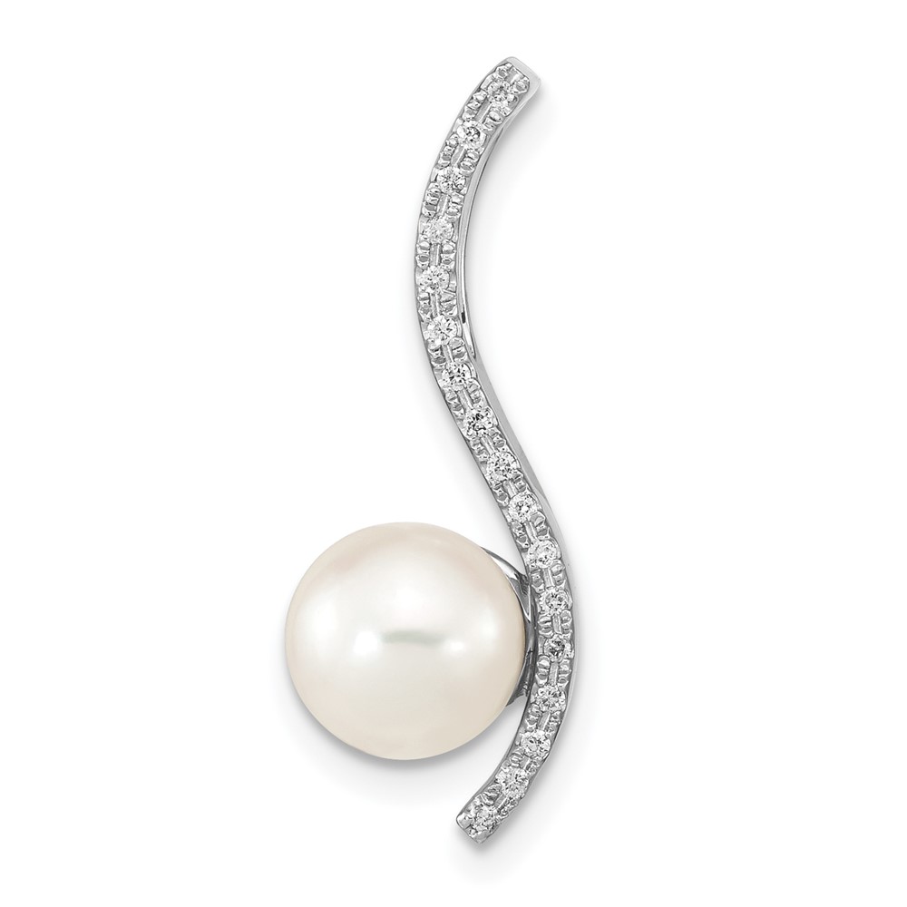 XF785.jpg 14k White Gold 7-8mm Round White Akoya Saltwater Cultured Pearl and .06 Carat Diamond Chain Slide - Image 1