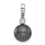 14k White Gold 11-12mm Black Round Tahitian Saltwater Cultured Pearl and .05 Carat Diamond Pendant