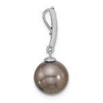 14k White Gold 10-11mm Black Round Tahitian Saltwater Cultured Pearl and .07 Carat Diamond Dangle Chain Slide - Image 2