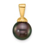 14k Polished 8-9mm Round Black Tahitian Saltwater Cultured Pearl Pendant