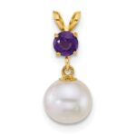 14k Polished 7-8mm Round White Freshwater Cultured Pearl Dangle and Amethyst Pendant