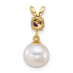 14k Polished 7-8mm Round White Freshwater Cultured Pearl Dangle and Amethyst Pendant - Image 3