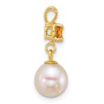 14k Polished 7-8mm Round White Freshwater Cultured Pearl Dangle and Citrine Pendant - Image 2