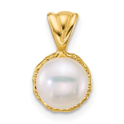 14k Polished 7-8mm Button White Freshwater Cultured Pearl Pendant