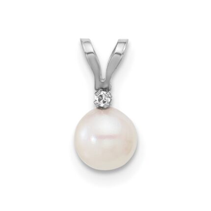 14k White Gold 5-6mm White Round Akoya Saltwater Cultured Pearl and .01 Carat Diamond Pendant