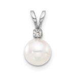 14k White Gold 6-7mm White Round Akoya Saltwater Pearl and .03 Carat Diamond Pendant