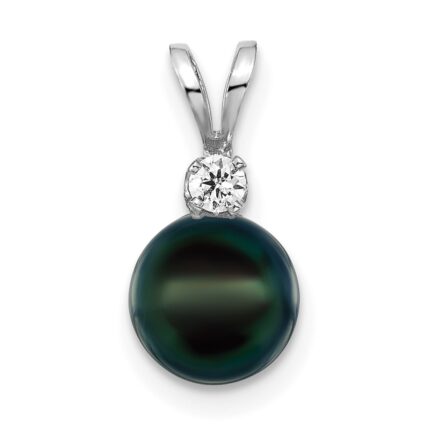 14k White Gold 7-8mm Black Round Akoya Saltwater Cultured Pearl and 1/20 Carat Diamond Pendant